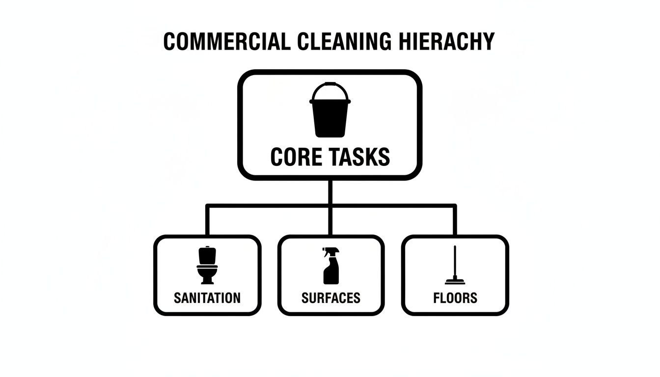 A commercial cleaning hierarchy diagram showing core tasks: sanitation, surfaces, and floors.