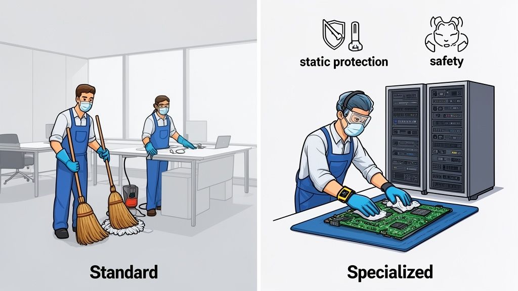 Comparison of standard office cleaning versus specialized cleaning of sensitive electronic equipment.