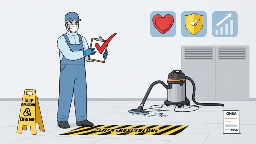 A masked worker inspects a cleaned wet floor with a vacuum, emphasizing slip resistance and workplace safety.