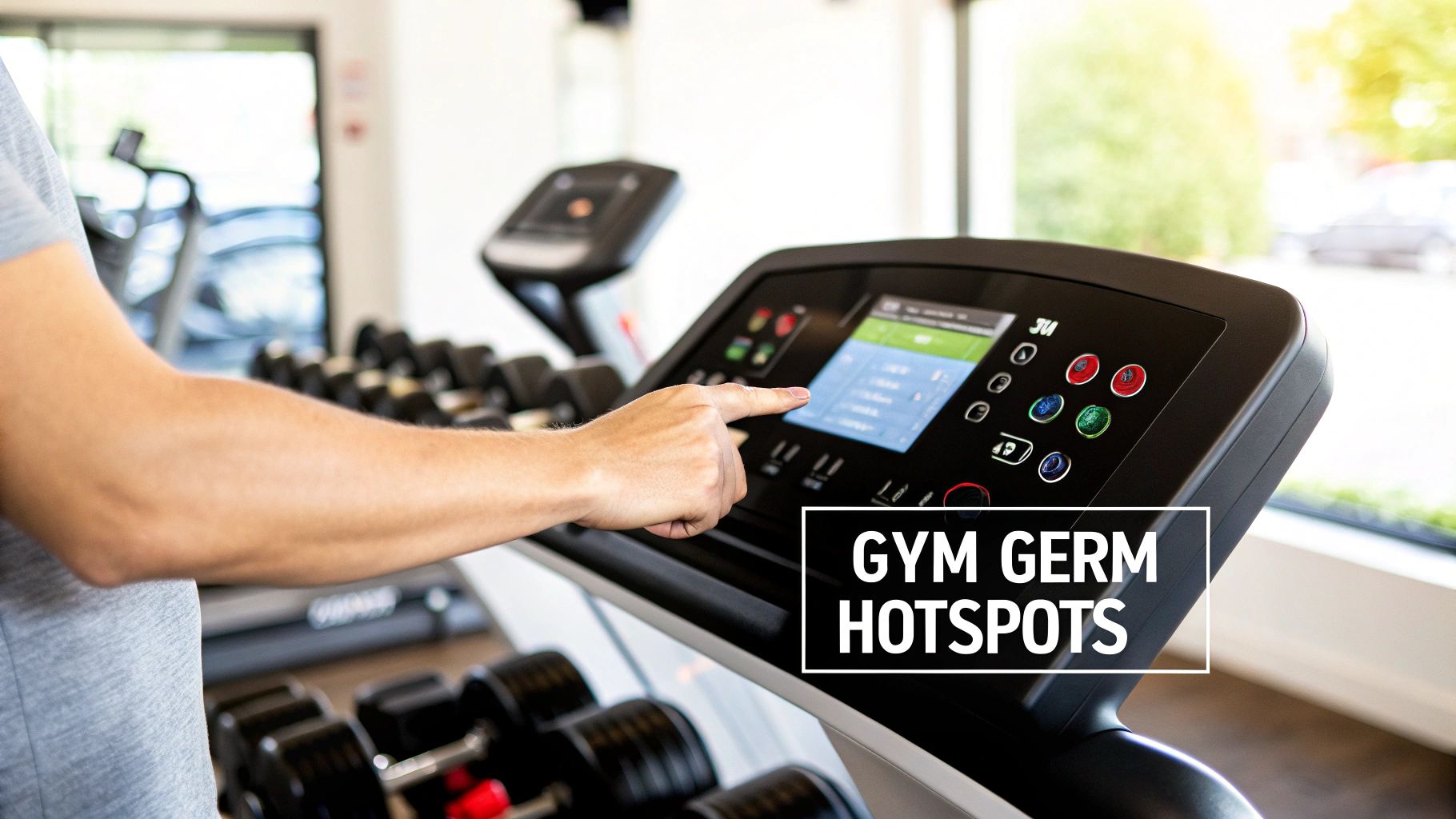 A person's hand touches the digital display of a treadmill in a gym, with weights blurred in the background.