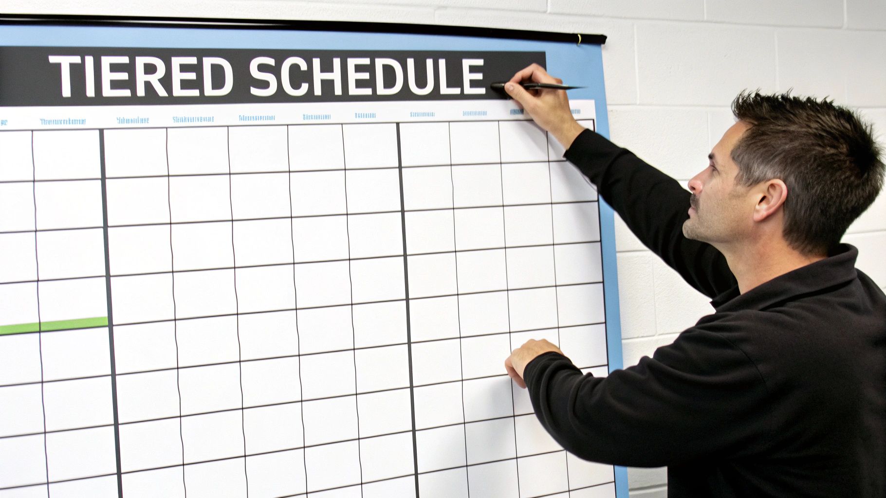 A man in a black shirt writing on a large, gridded "TIERED SCHEDULE" board with a pen.