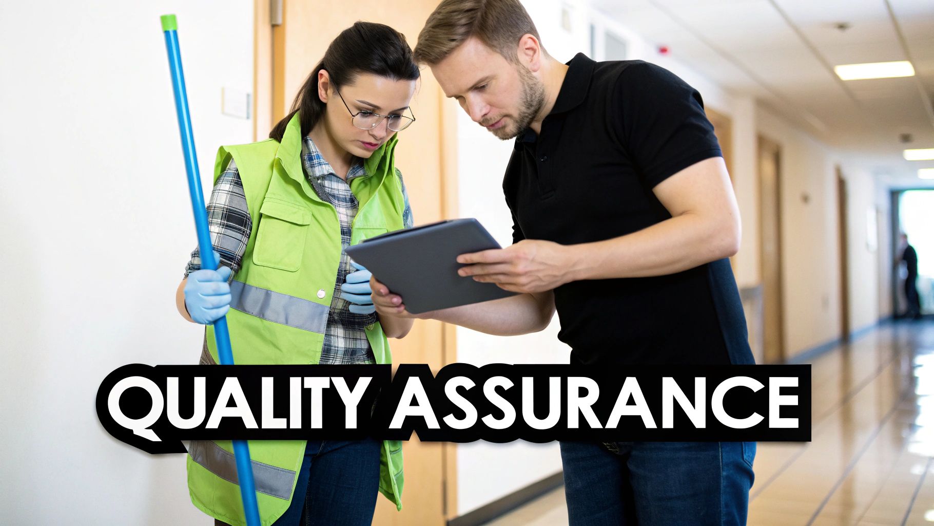 Two cleaning staff members, a woman and a man, review quality assurance on a tablet in a hallway.