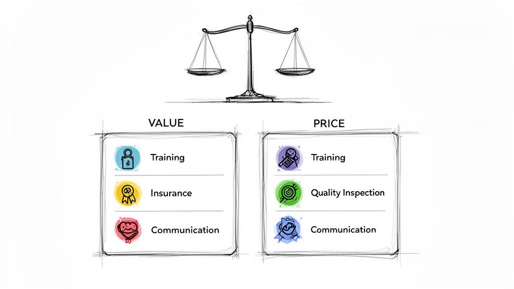 A hand-drawn scale balancing 'Value' (Training, Insurance, Communication) and 'Price' (Training, Quality Inspection, Communication).