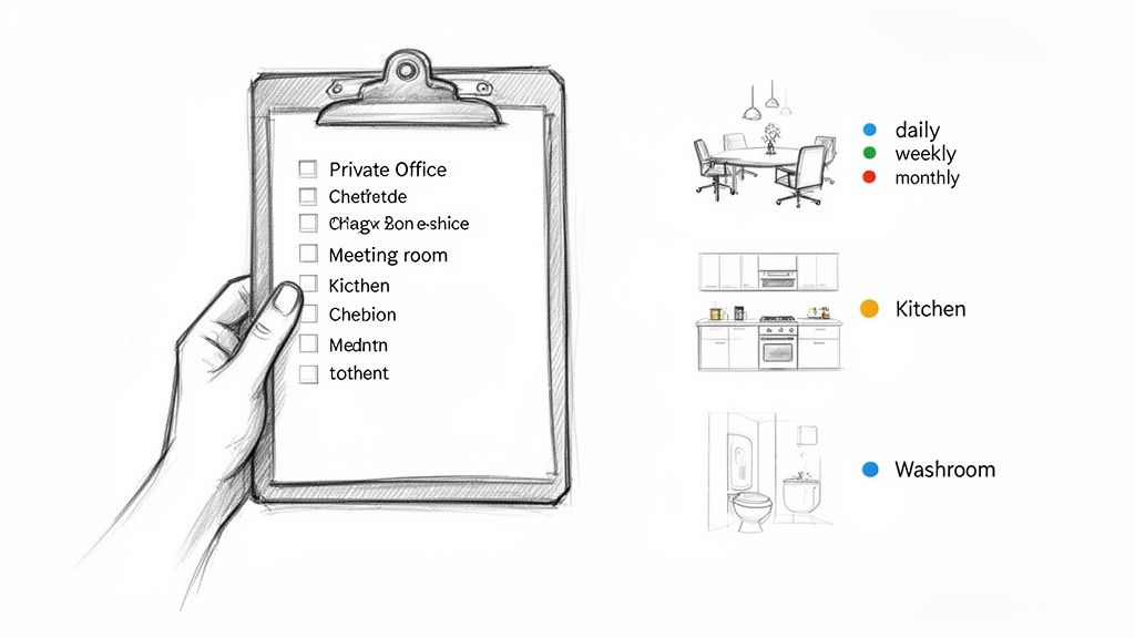 Hand holding a clipboard with an office cleaning checklist for a meeting room, kitchen, and washroom.