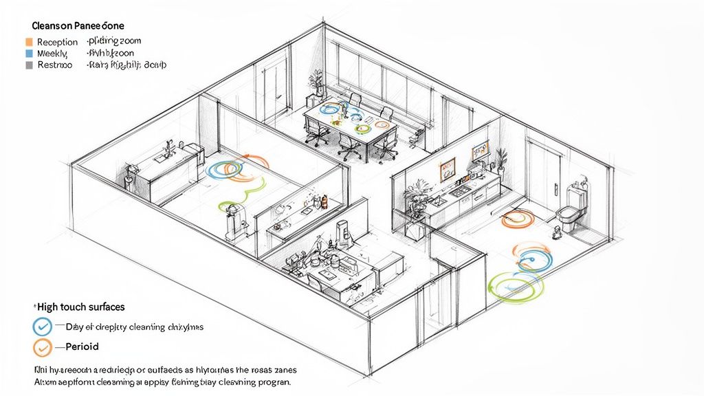 Isometric office sketch showing cleaning zones for reception, meeting, and rest areas with frequency indicators.