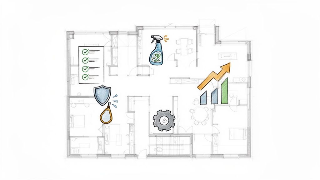 Illustrative floor plan featuring icons for cleaning, security, maintenance, and business growth strategies.