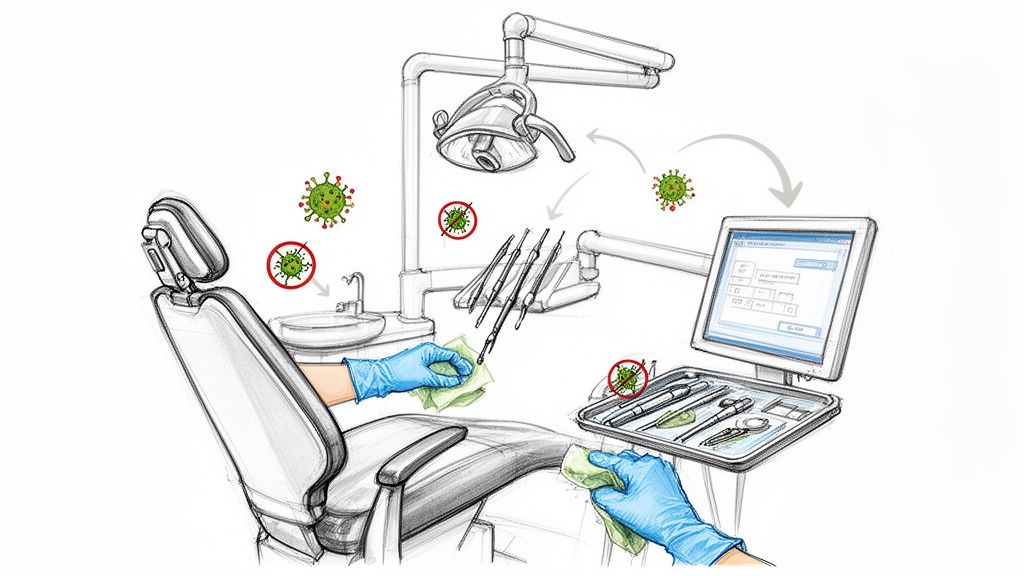 Gloved hands meticulously disinfect a dental office, wiping down equipment to eliminate viruses and ensure patient safety.