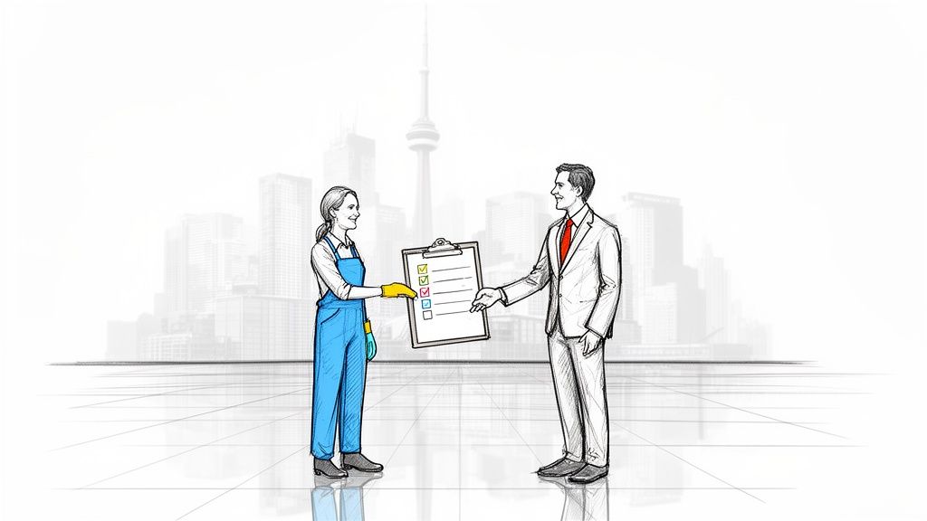 A cleaning professional hands a completed checklist with green checkmarks to a happy businessman in Toronto.