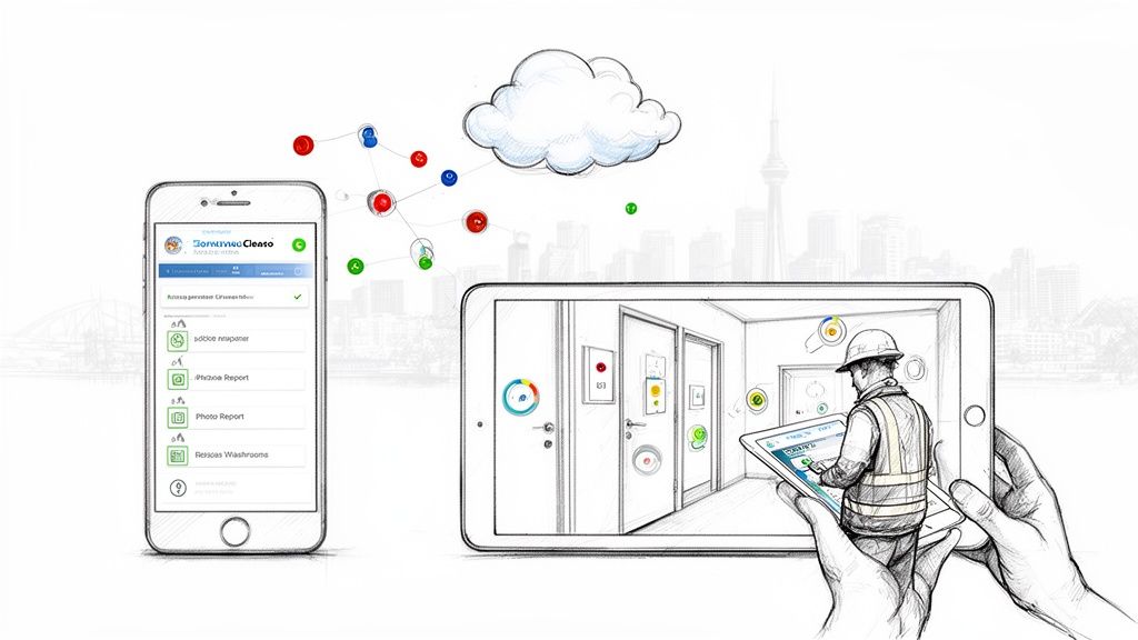 Sketch of mobile devices, augmented reality for facility management, worker, cloud services, and Toronto skyline.