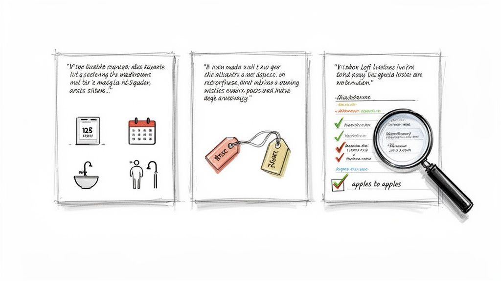 Three panels illustrating service concepts with icons, price tags, and a detailed checklist with magnifying glass.