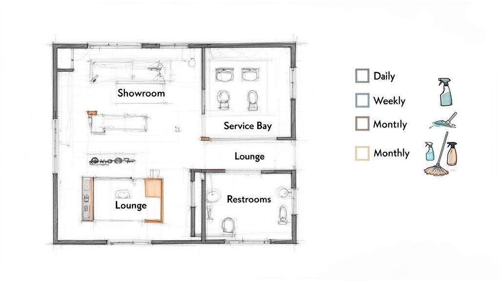 A detailed floor plan of an auto dealership showing cleaning schedules for different areas.