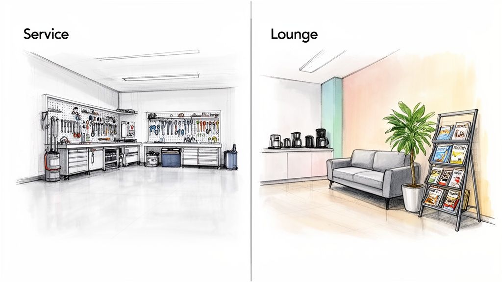 A clean auto dealership with an organized service bay full of tools and a comfortable customer lounge.