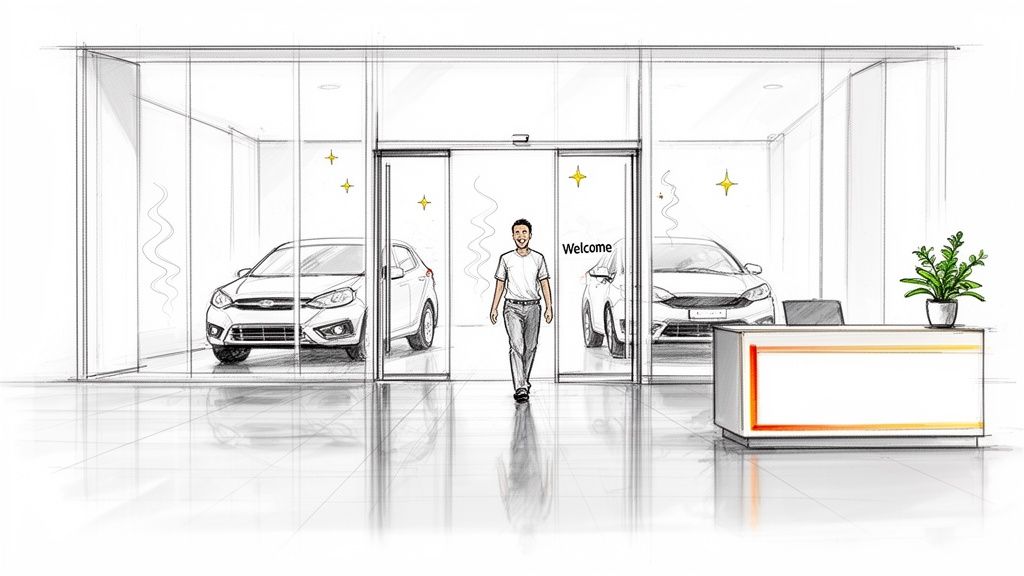 Sketch of a man entering a modern car dealership showroom with display cars and a reception desk.