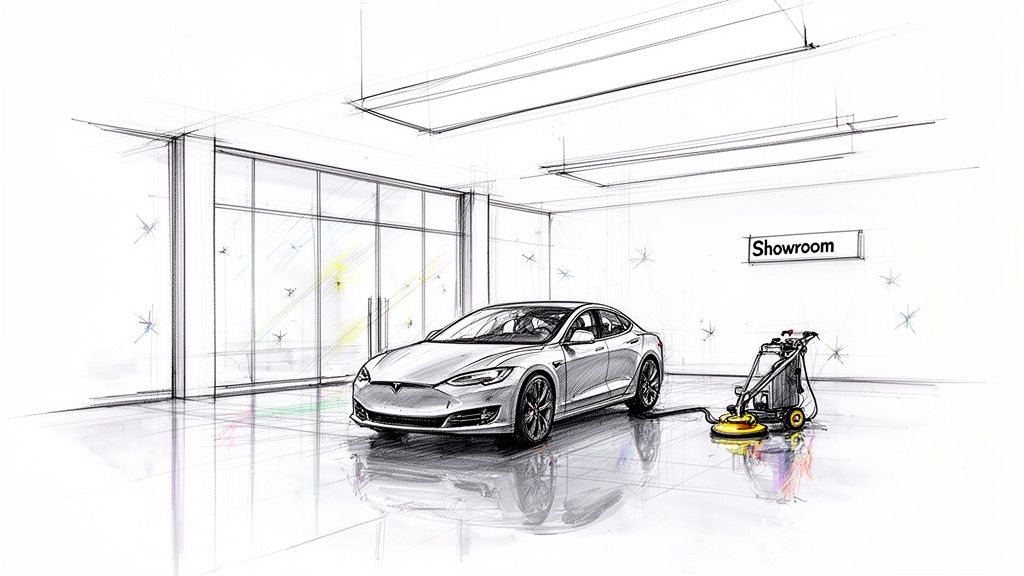 Illustration of a modern auto dealership showroom featuring a Tesla car and a floor cleaning machine.