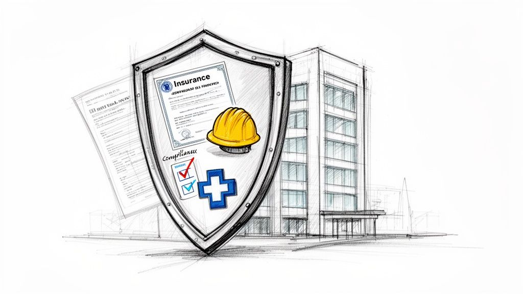 Sketch of a commercial building with a shield symbolizing insurance, safety, compliance, and health services.