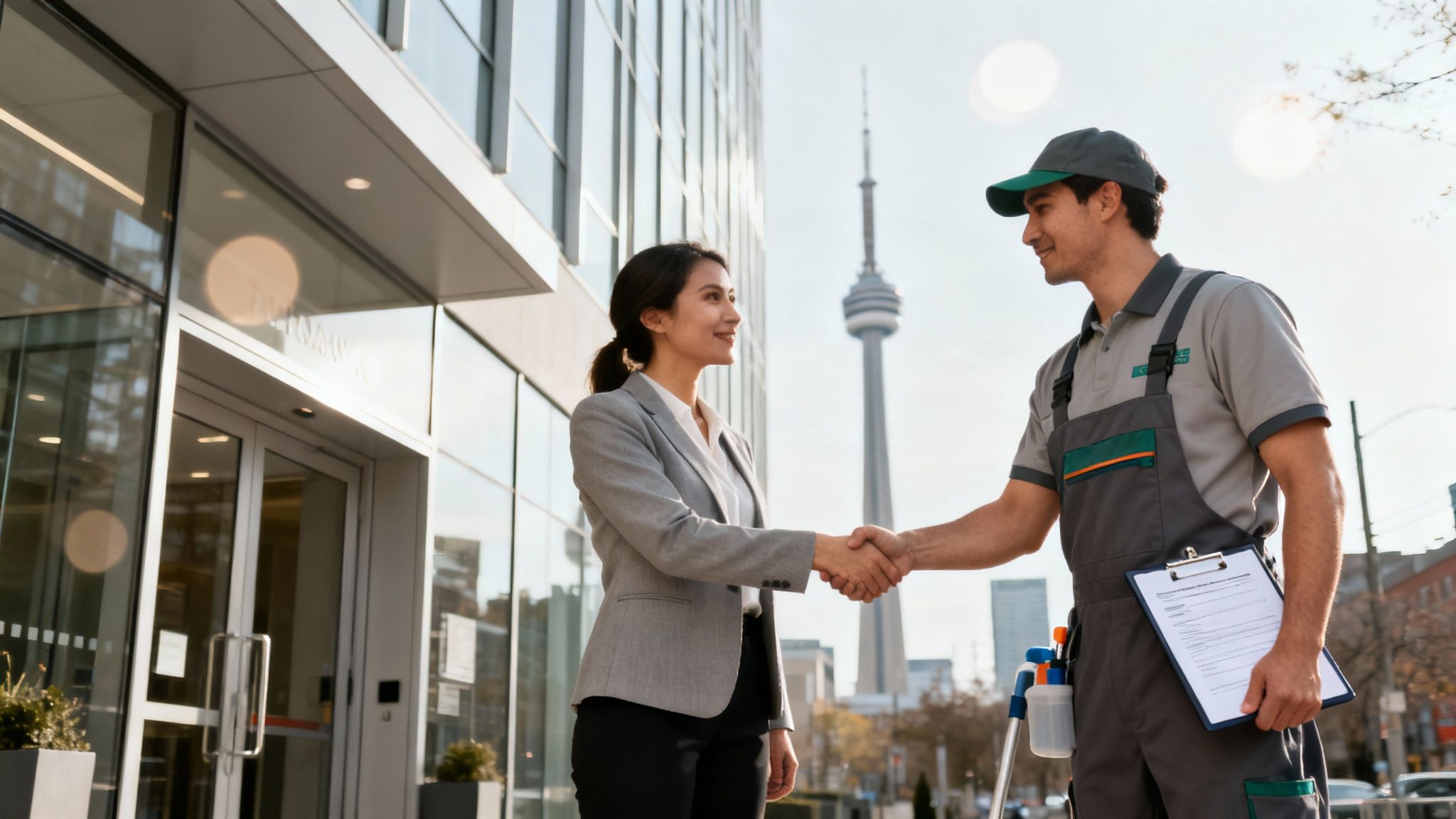 A smiling businesswoman shakes hands with a male cleaner in uniform outside a modern office building, with the Toronto skyline visible.