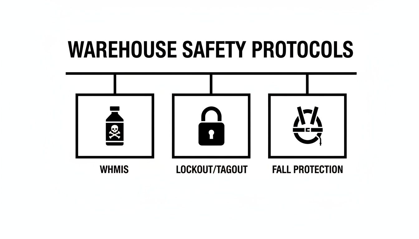 Diagram illustrating essential warehouse safety protocols: WHMIS, Lockout/Tagout, and Fall Protection.
