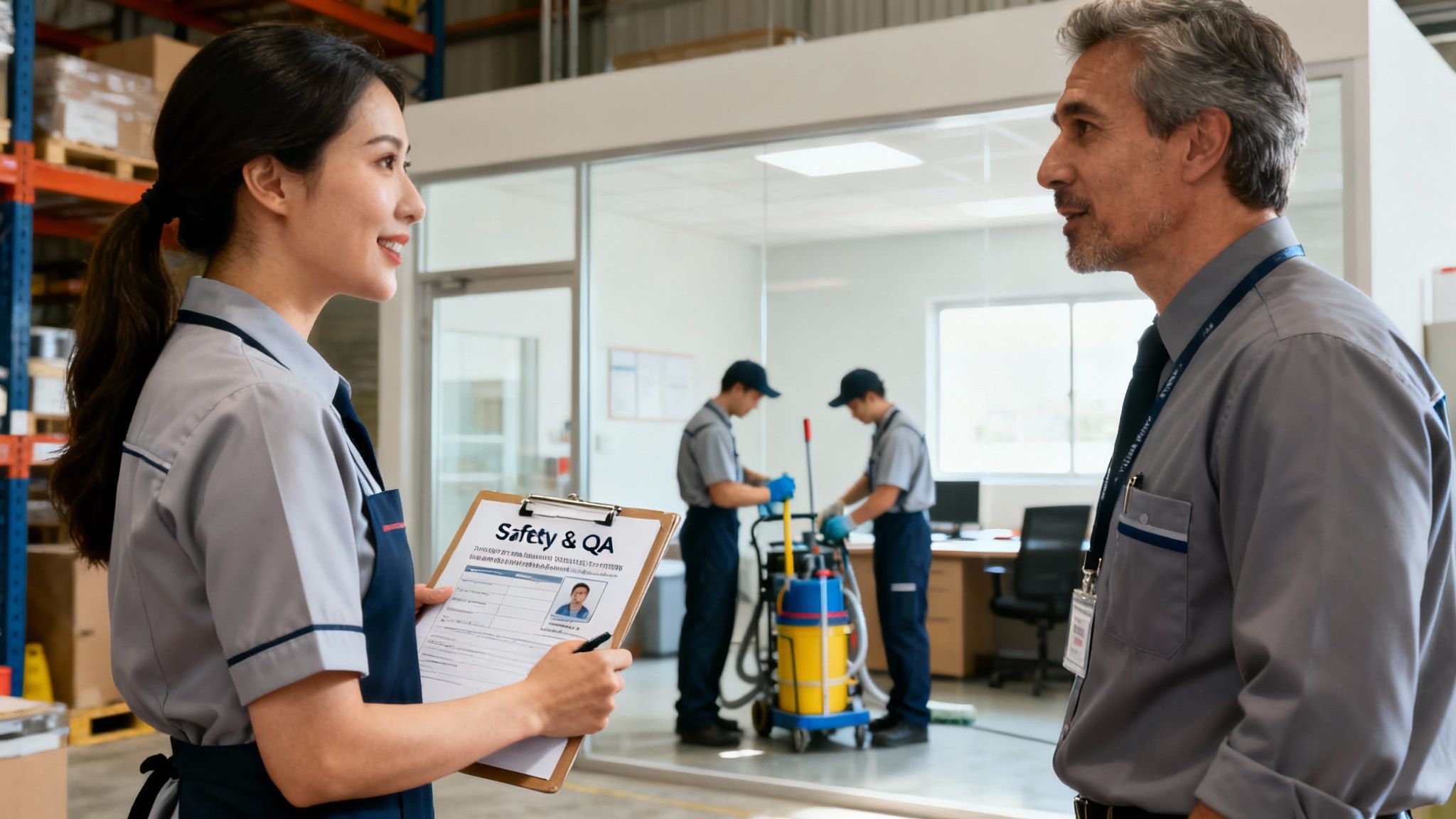 Two warehouse supervisors discuss safety and quality assurance with a clipboard, while cleaners work in the background.