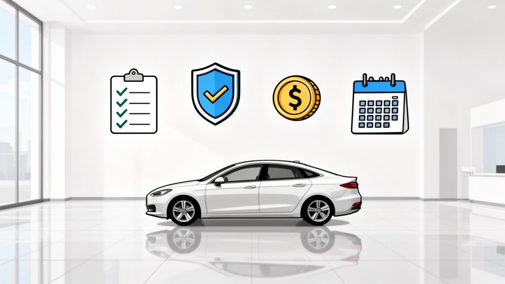 White car in a modern car dealership with icons for checklist, protection, finance, and calendar.