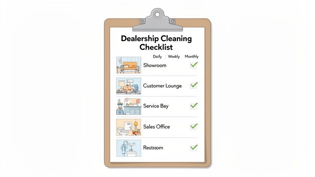 A 'Dealership Cleaning Checklist' on a clipboard, showing monthly tasks for various dealership areas.