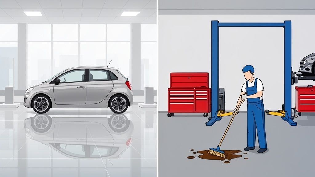 A split image showing a clean car showroom on the left and a mechanic cleaning a messy garage on the right.