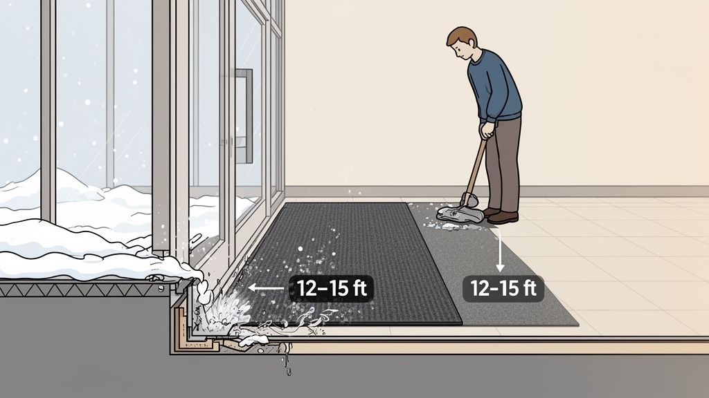 A man mops water and slush from a floor mat inside a building entrance, with snow outside. Mats are 12-15 feet long to catch winter debris.