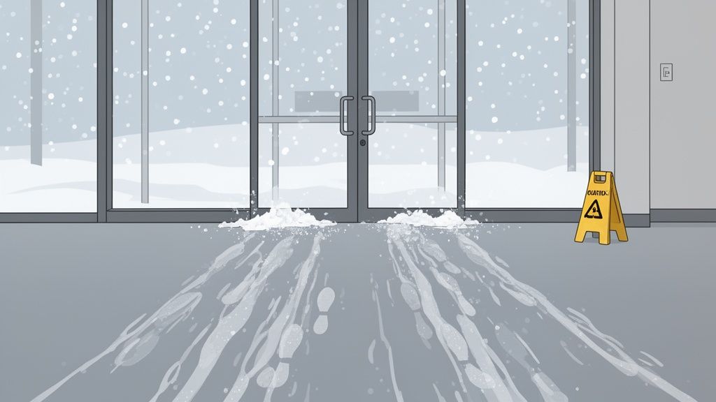 Wet floor inside a building entrance on a snowy winter day with a caution sign.
