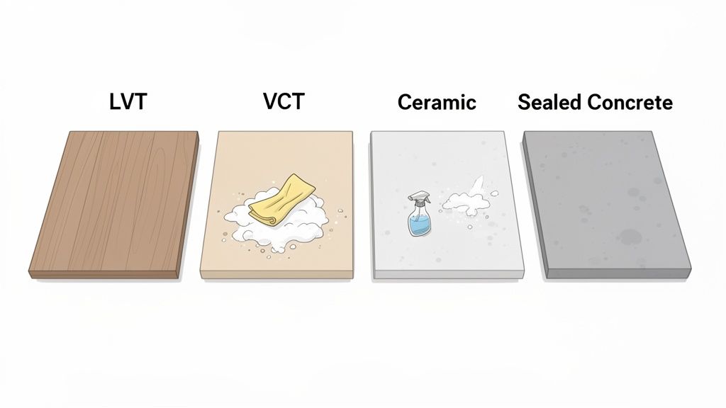Four distinct flooring types are displayed: LVT, VCT with cleaning suds, Ceramic with a spray bottle, and Sealed Concrete.