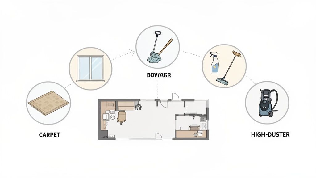 Floor plan illustrating various cleaning tools like carpet, mop, broom, and high-duster for different areas.
