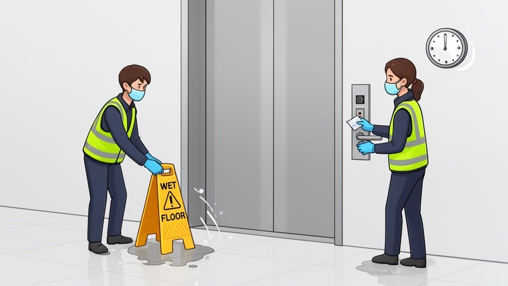 Two cleaning staff members, wearing masks and gloves, maintain an elevator area, one placing a wet floor sign and the other sanitizing surfaces.