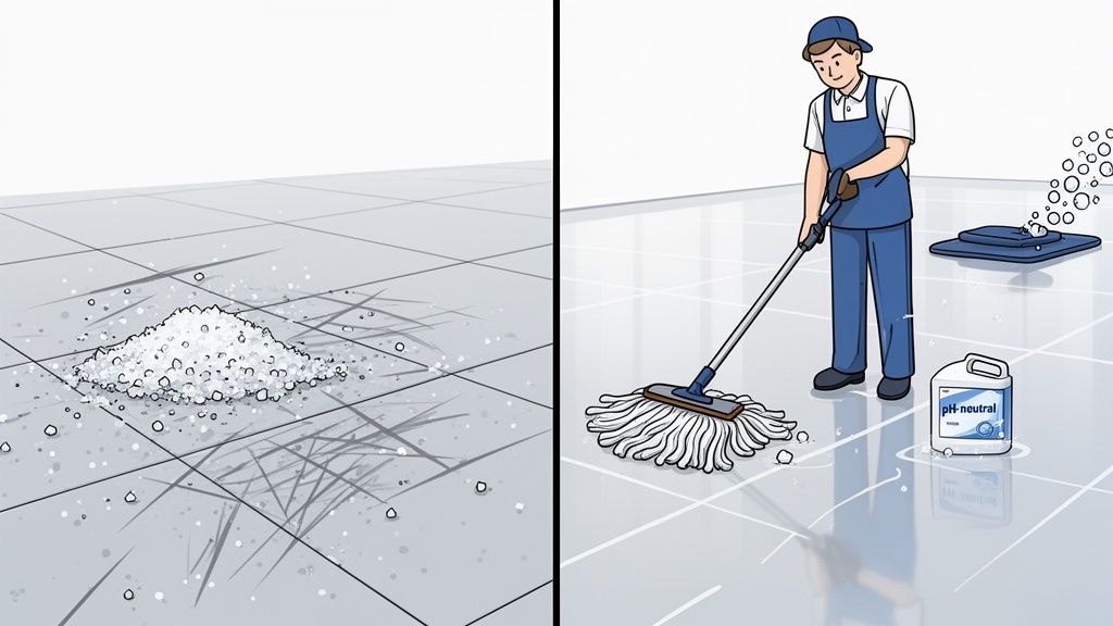Before and after: a dirty tiled floor with salt and debris, then a cleaner mops a sparkling clean floor.