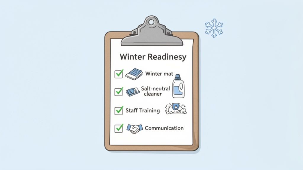 A winter readiness checklist on a clipboard showing tasks like winter mats, salt-neutral cleaner, staff training, and communication.