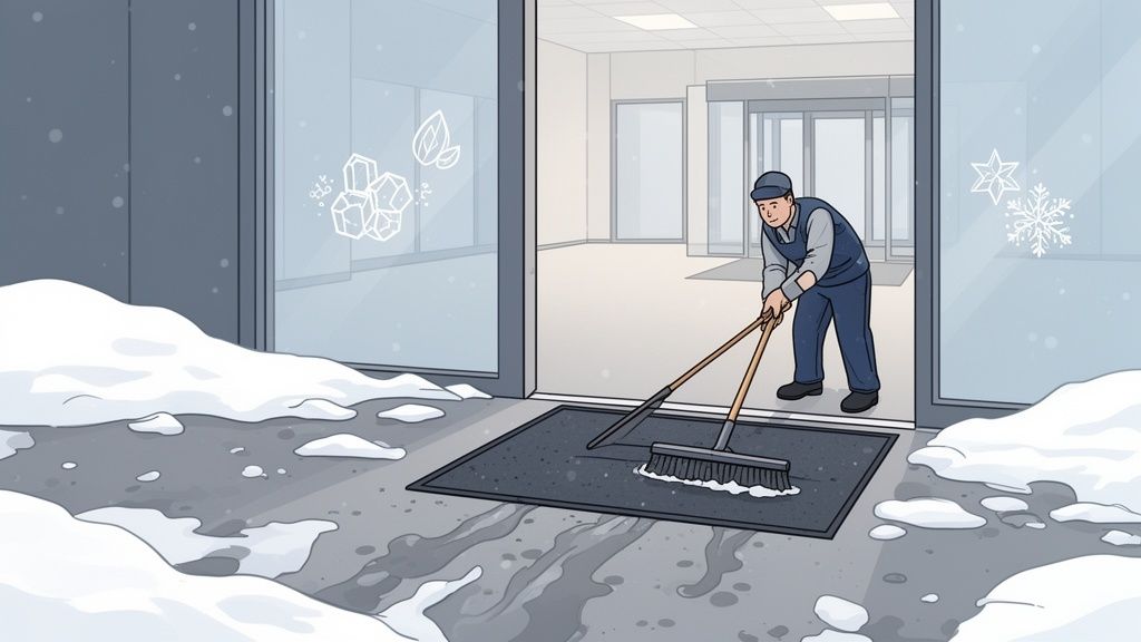 A worker sweeps snow and slush from a doormat outside a building entrance during winter.