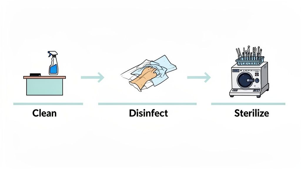 An infographic showing the three steps of hygiene: Clean, Disinfect, and Sterilize, with corresponding images.