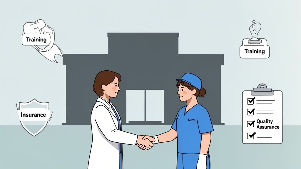 Two dental professionals shake hands in front of a clinic, with icons for training, insurance, and quality assurance.