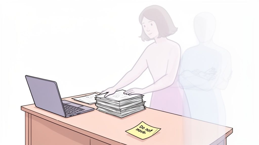A person at a desk with papers, a laptop, a 'Do not move' note, and a faint figure.