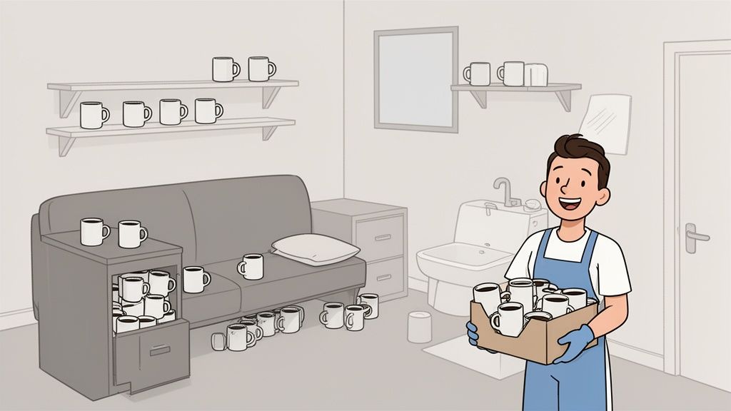 A cheerful man carries a box of mugs in a room incredibly cluttered with many coffee cups.