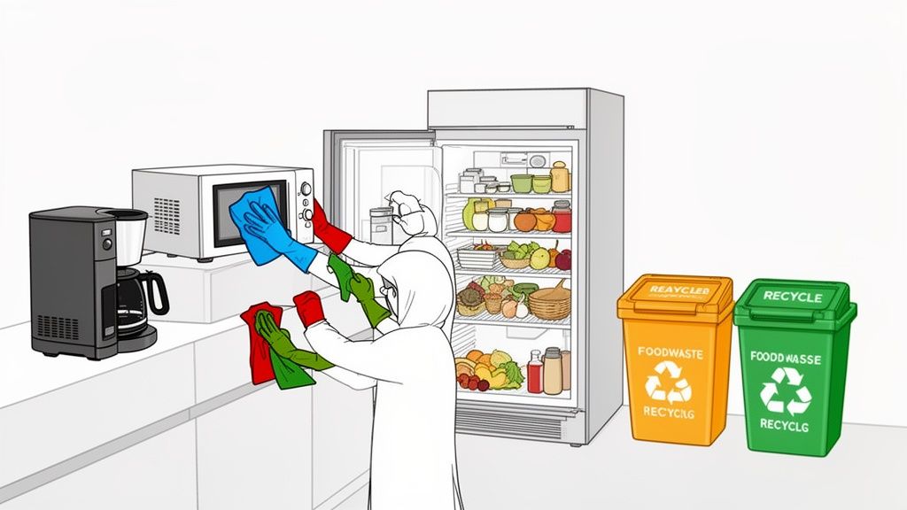 People in gloves cleaning a microwave, coffee maker, and organizing a refrigerator in a commercial kitchen.