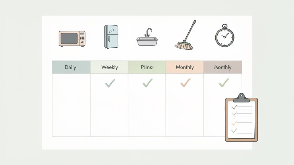 A cleaning schedule chart displaying daily, weekly, and monthly tasks for various kitchen items.