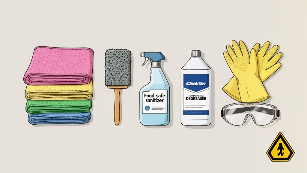 Cleaning supplies and personal protective equipment: towels, brush, sanitizer, degreaser, gloves, and goggles.