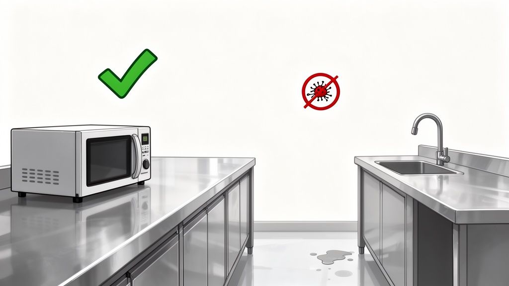 A clean commercial kitchen with a microwave, sink, and symbols indicating proper hygiene.