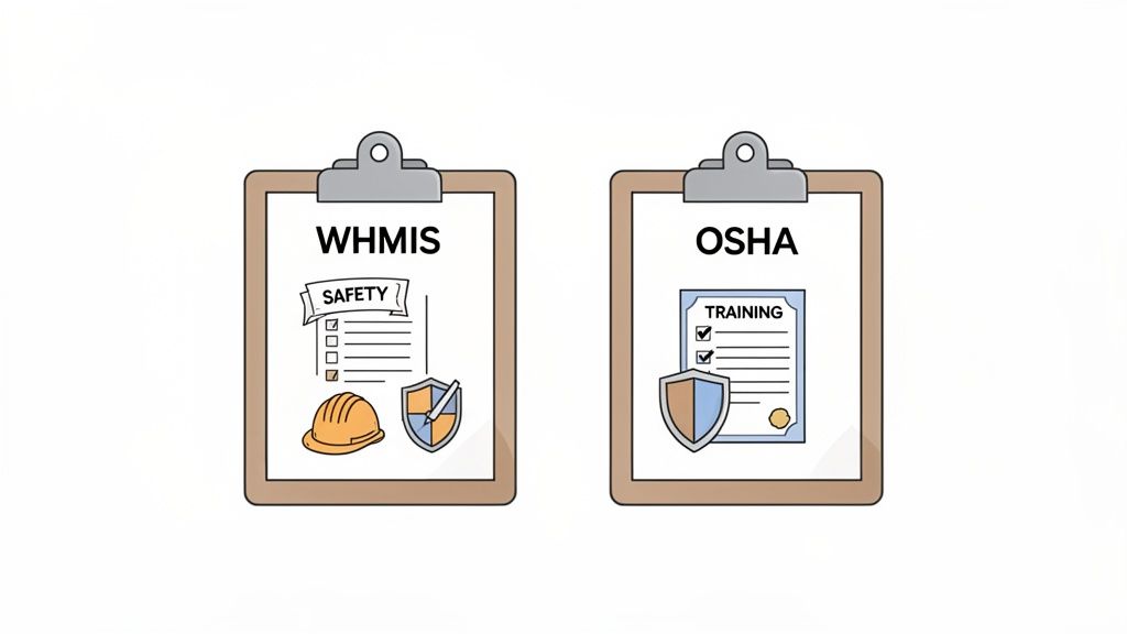 Two clipboards showing WHMIS safety and OSHA training regulations for workplace compliance.