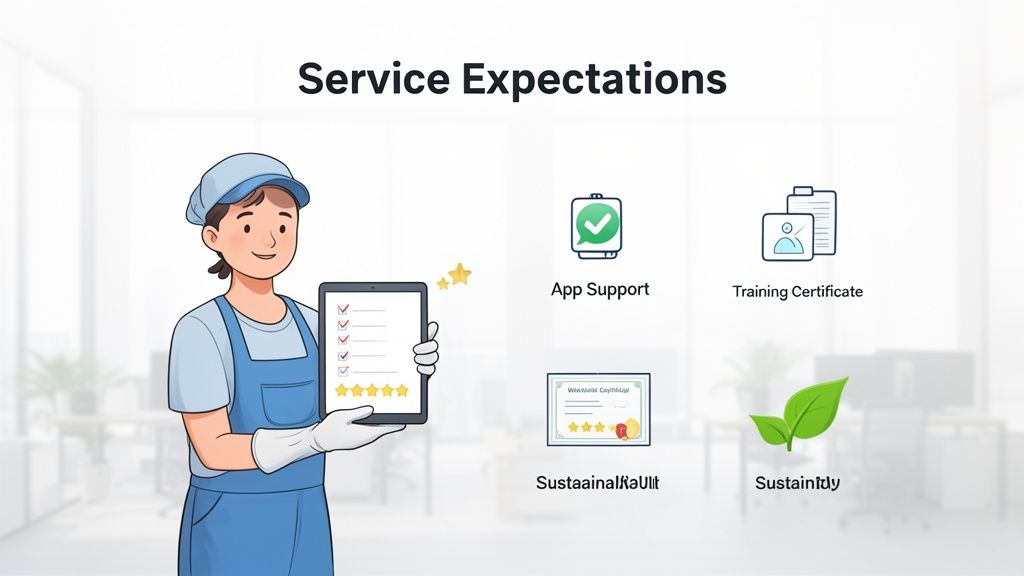 A friendly cleaner presents service expectations on a tablet, highlighting app support, training, and sustainability.