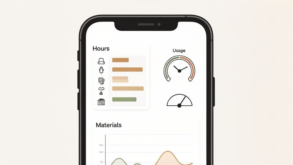 Close-up of a mobile app dashboard displaying charts for 'Hours', 'Usage', and 'Materials'.
