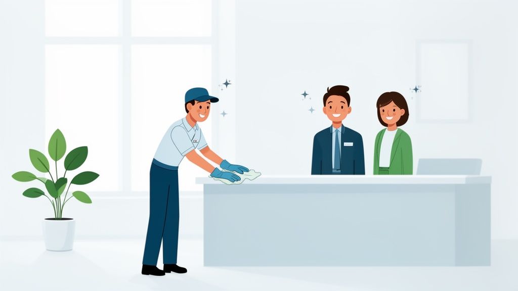 A cleaner disinfects an office reception desk while two smiling employees look on.