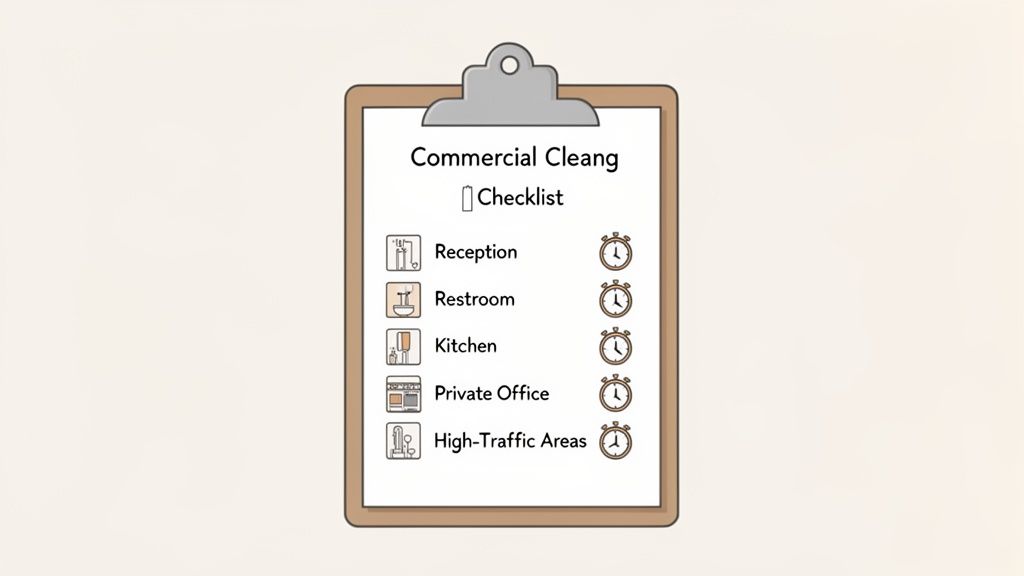 A commercial cleaning checklist on a clipboard with tasks for reception, restroom, kitchen, private office, and high-traffic areas.