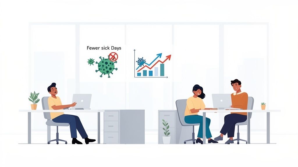 Office workers at desks with graphics showing fewer sick days and improved health trends.