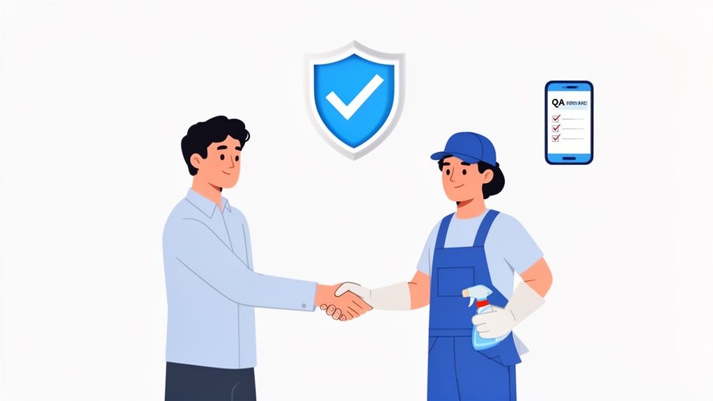 Client shaking hands with a cleaning professional, symbolizing a trusted service with quality assurance, shield, and checklist.