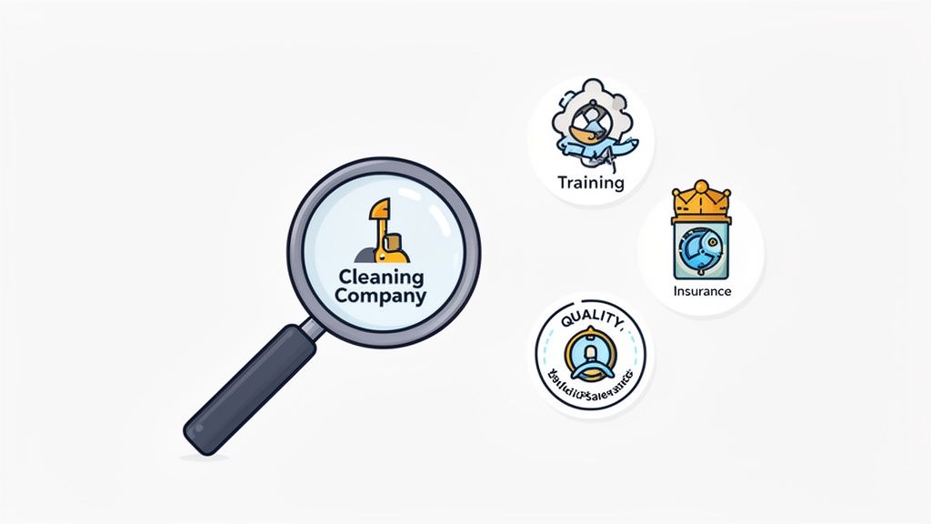Magnifying glass inspecting a cleaning company, highlighted by icons for training, insurance, and quality.