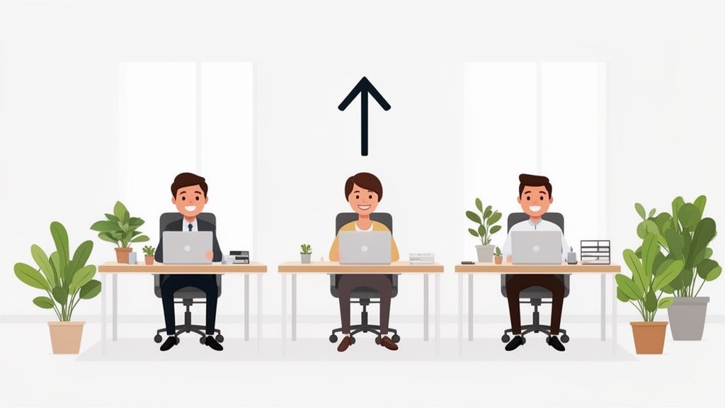 Three smiling people work on laptops at individual desks in a modern office with plants.